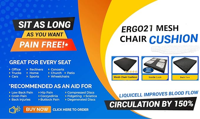 ERGO21 Mesh Office Chair Cushion - LiquiCell Membranes Reduce Pressure on Sit Bones, Non Slip Soft Seat Cushion Suitable for Aeron Chair, Recliners, Sofa