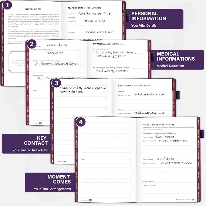 Molekaus End of Life Planner with Tabs, 7"x10" | Guided Estate Planning Organizer, Large Print, 120GSM Thick Paper, Inner Document Pockets for Final & Legal Affairs, Purple