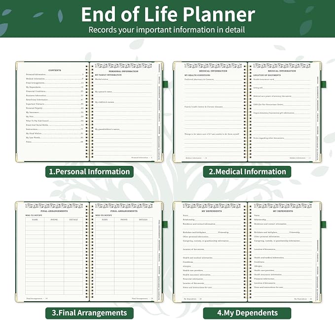 End of Life Planner, Spiral Estate Planning Organizer with Tabs for Senior, I'm Dead Now What Planner for Final Arrangements & Important Affairs with Large Print, 7.9"x10.4", Green