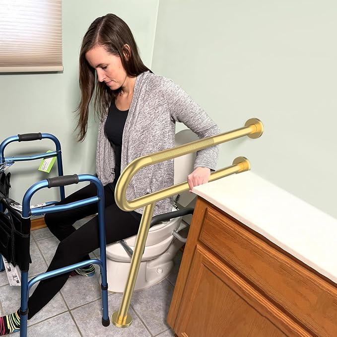 Toilet Support Rail 31.3X 31.5 Inch, Munzong Anti-Slip Gold Handicap Grab Bar for Bathroom, Stainless Steel Knurled Safety handrails with Leg for Elderly Disabled Pregnant-1.25’Tube