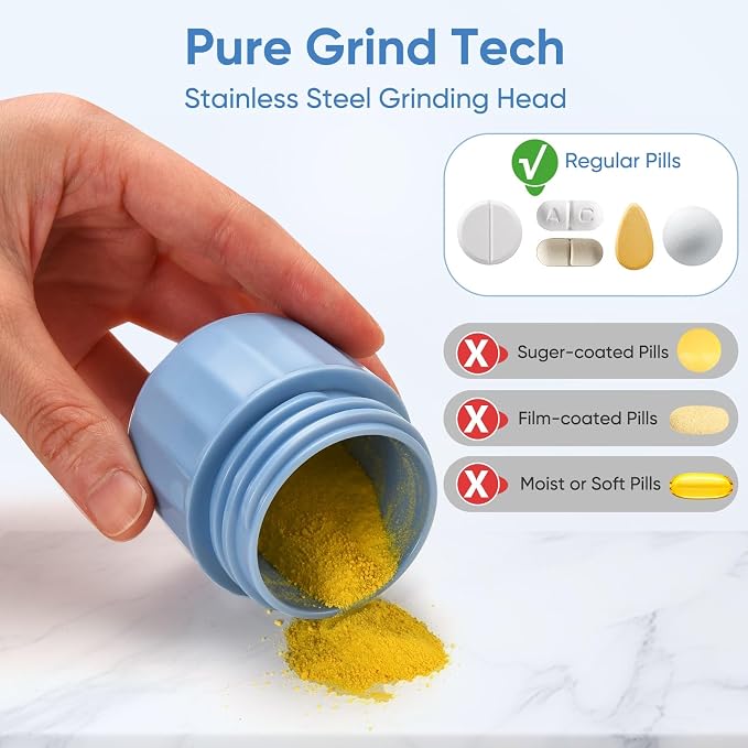 3-in-1 Pill Crusher, Pill Cutter Splitter & Pill Grinder with Stainless Steel Blade, Adjustable Pill Cutter for Small or Large Pills, Easy to Use, Travel-Friendly(Blue)