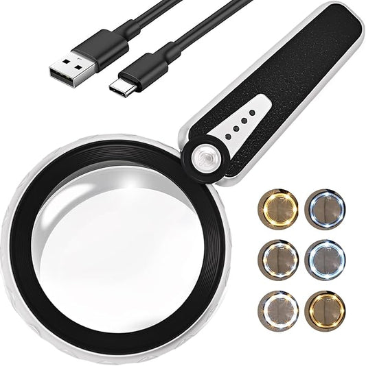 45X Magnifying Glass with Light, 4.6 Inch 1200mAh USB Rechargeable Large Handheld Magnifier, 6 Color Modes, Perfect for Low Vision Seniors, Macular Degeneration & Fine Print (Black)