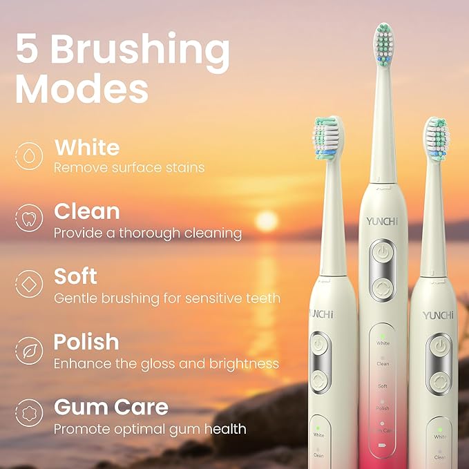 YUNCHI Electric Toothbrush Birthday/Valentine Plastic 8 Dupont Heads 24-Mo Deep Cleans Gentle Gums Removes Stains 3Hr USB-C 90d 2-Min Timer/30s IPX7 - Yellow Red
