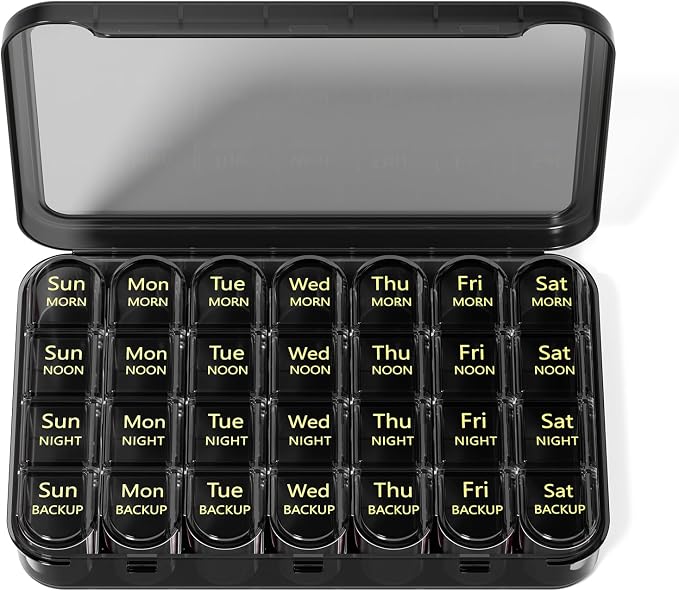 Zoksi Pill Organizer 4 Times a Day, 7 Day Pill Box with Removable Daily Cases, Large Medicine Organizer for Pills, Vitamins and Supplements, Easy Open 180 Degree Lids, Travel Pill Case