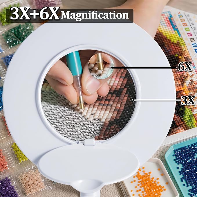 3X+6X Magnifying Glass with Light and Stand, Dimmable LED Magnifying Lamp | Flexible Gooseneck, Hands Free Magnifier, Magnification Lamp for Elderly Craft Hobby Painting Sewing Close Work,Weighted Base