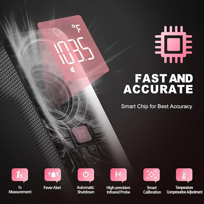 No-Touch Thermometer for Adults, Kids, Babies, 1-Sec Fast Accurate (Pink) | Fever Alarm, Large LCD with 3-Color Backlight, Silent Mode, 35-Reading Memory, Forehead & Object Mode, for Home & Clinic