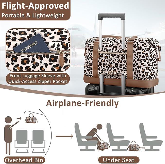 ELONGRIVER Travel Duffle Bag for Women, Weekender Bags, Hospital Bag for Labor Delivery,Lightweight Tote Duffel Overnight Bag with Luggage Sleeve,Airplane Travel Bags with Toiletry Bag,X-Large,Leopard