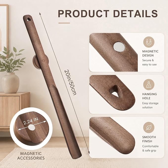 Geelin 2 Pcs 20'' Magnetic Shoehorn, Long Wooden Shoe Horn Long Handle Shoehorn for Seniors Men Women, Magnetic Base Wall Mounted Dressing Stick for Elderly Limited Mobility (Walnut)