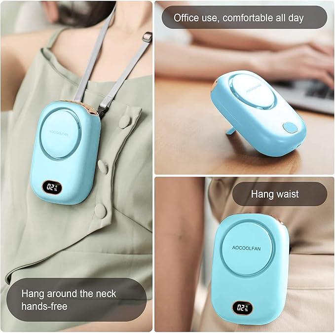 AOCOOLFAN Portable Neck Fan, Mini Small Personal Handheld Fan USB Rechargeable 3 Speed for Girls Boys Woman Eyelash Travel Home Office Outdoor (light blue)