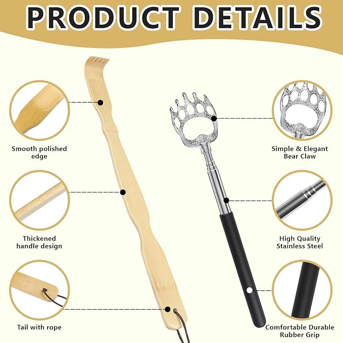 4Pcs Back Scratcher Set, Bamboo & Extendable Stainless Steel | Bear Claw Back Scratcher,BackScratcher Gift for Elderly Men Women Adults (Natural+Black)