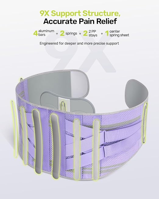 Rakiie Back Brace for Lower Back Pain Women with 9X Support System, Ergonomic Lumbar Support for Pain Relief, Breathable Mesh Design with 3D Silicone Pad for Sciatica, Sciatica,Purple Size L (Waist: 35.8"-43.7")