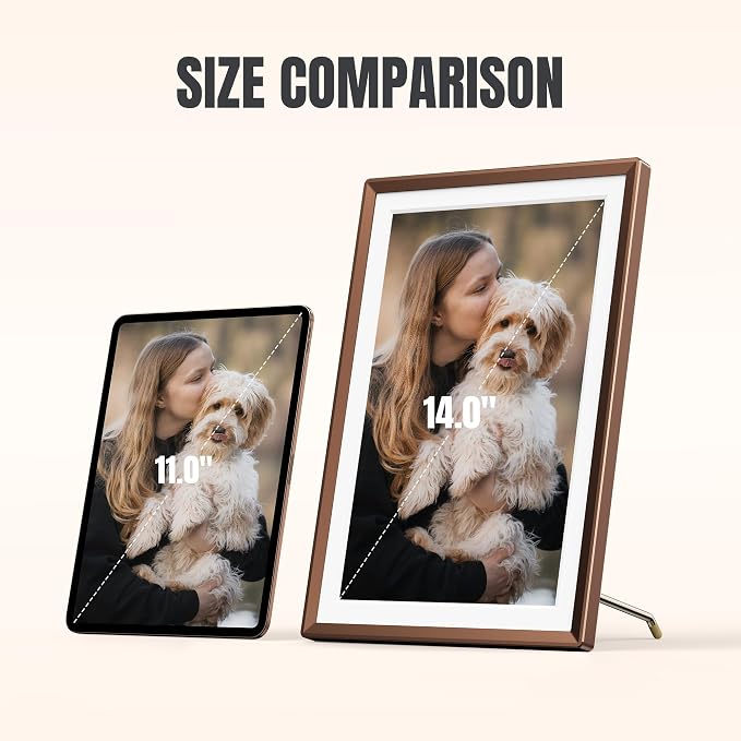 ARZOPA 14" WiFi Digital Picture Frame Free Cloud Storage No Subscription 1920x1200 Touchscreen Metal Frame Load Live Photos Videos from Phone Ideal for Gifting - D14 Mocha Brown
