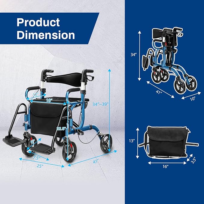 Goplus 2 in 1 Rollator Walker for Seniors, Medical Walker with Seat, Folding Transport Wheelchair Rollator with 8" Wheels, Reversible Backrest, Footrests, Aluminum Mobility Walking Aid (Blue)