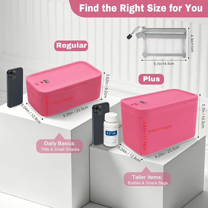 Medicine Lock Box with Code, Lockable Storage Box for Phone Medicine Safe Pill Fridge, Storage Bin for Home Office Gift, Includes Mesh Zipper Pouch, Pink