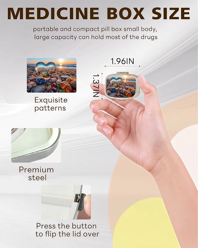 LRITER Pill Case, 2 Compartment Portable Small Travel Pill Organizer for Purse and Pocket, Stylish Medicine Case with Multiple Patterns, Daily Pillbox for Home & Travel (Love Stone)