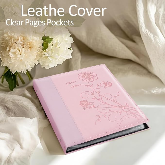Photo Album 8x10 Clear Pages Pockets Leathe Cover Slip Slide in Photo Album Holds 50 Vertical 8x10 Photos Picture Book for Wedding Family (Pink)