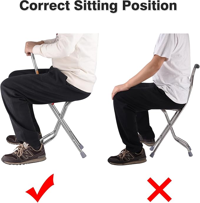 AW Lightweight Folding Walking Cane Stick with Seat Four Legged Portable | Travel Hiking Chair Stool Eldely Care Aid