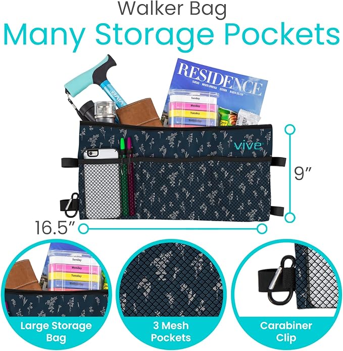 Vive Walker Bag - Accessories Wheelchair Basket Pouch (Water Resistant) - Seniors Caddy Accessory Attachment for Folding, Rolling Walkers - Carry Storage Carrier Tote - Lightweight, Universal Size
