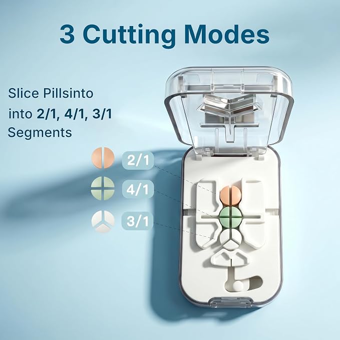Pill Cutter Splitter for Small Tiny Large Pills at Once with Accurate and Professional Sharp Blade but Safe, Cuts 1/2, 1//3, 1/4 One-Hand Operation Portable Tablet Cutter, BPA Free (White)