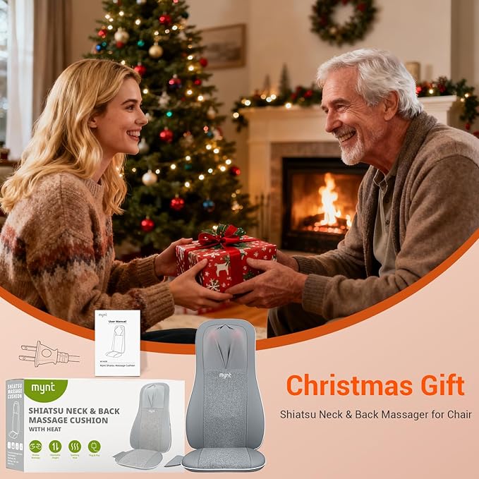 Mynt Shiatsu Neck and Back Massager with Heat, 3D Kneading Full Back Massager for Pain Relief Deep Tissue, Foldable Adjustable Chair Massager for Home Office, Christmas Gift for Dad Mom, Gray