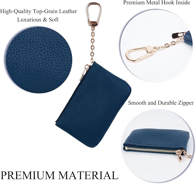 Full Grain Leather Coin Purse with Key Chain - Small Change Purse Keychain Card Holder Keychain Pouch Small Keychain Wallet for Women and Men (Navy Blue), LA-2312