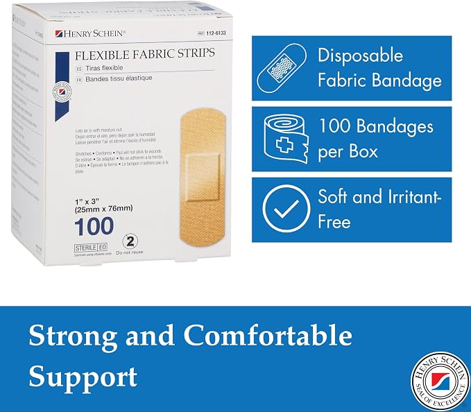 Henry Schein Fabric Adhesive Strip Bandages 1" x 3", Sterile, 5400 Ct | Latex Free, Tan, Non-Stick Pad, Everyday Cuts and Scrapes, 54 Boxes of 100, Perfect for First Aid Kits, Home and Medical Use