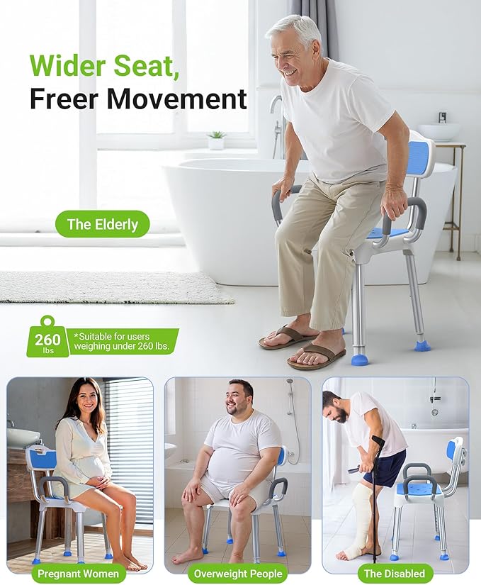 Widened Shower Chair for Inside Shower with Padded Back & Arms,400 lbs Heavy Duty & Adjustable Shower Chair for Elderly and Disabled, Non-Slip Shower Seat, Bath Chair for Tub