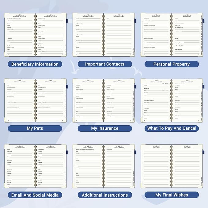 End of Life Planner, Estate Planning Organizer with Tabs for Senior, Spiral Funeral Planning Book with Large Font, Gold Corner Guards & Inner Pocket for Will Preparation, 7.36" x 10.4", Blue
