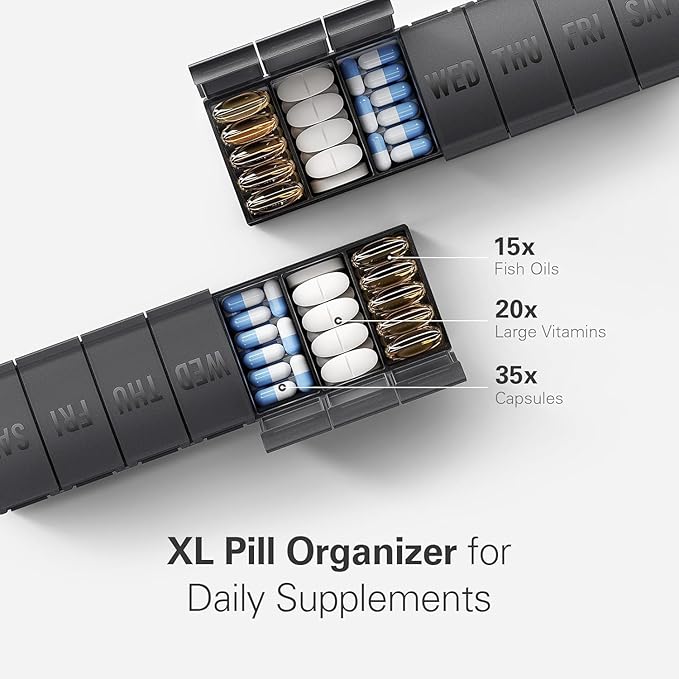 Large Pill Organizer 2 Pack, Easy-Open Weekly Pill Organizer, XL Daily Pill Organizers, 7 Day Medicine Pill Organziers, Medicine Box 7 Day for Large Vitamin Supplements (Black + White)