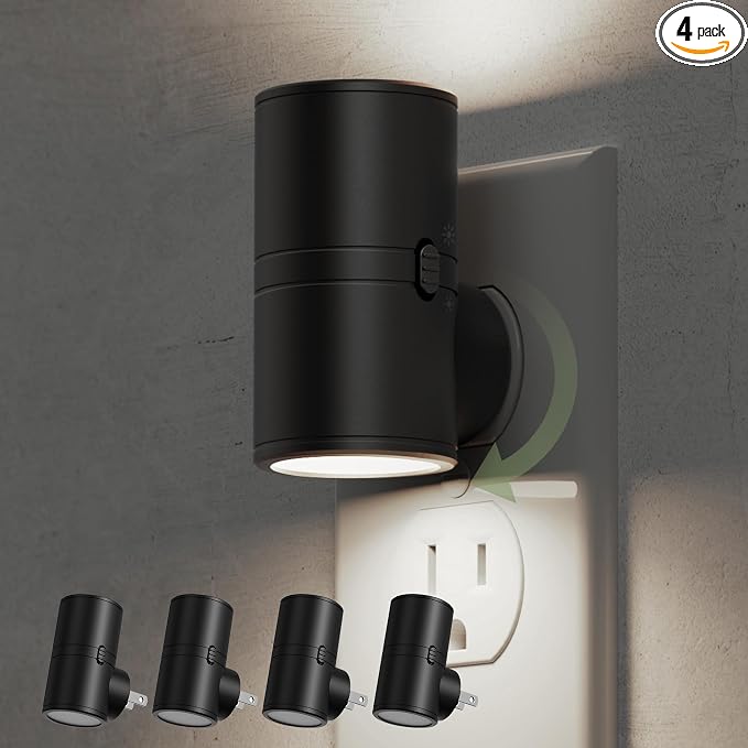 L LOHAS LED Bright Night Lights Plug into Wall,Daylight White,Rotating,Mini | Dimmable Nightlight Plug in, Light Sensor Night Light, LED Nightlights, Hallway Bedroom Bathroom Kitchen,[Black Shade,4 Pack]
