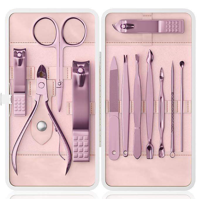 Manicure Set, Stainless Steel Nail Clipper Set with Travel Case | 12-Piece Set with Thicker Steel, Precision-ground Cutting Edges, and Smooth-finished Tools for Clean, Precise Trimming.