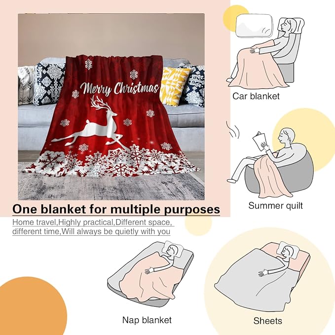 Merry Christmas Red Flannel Fleece Throw Blanket - White Snowflake Printed, Soft Plush for Bedroom, Couch, Sofa - 30"x40"