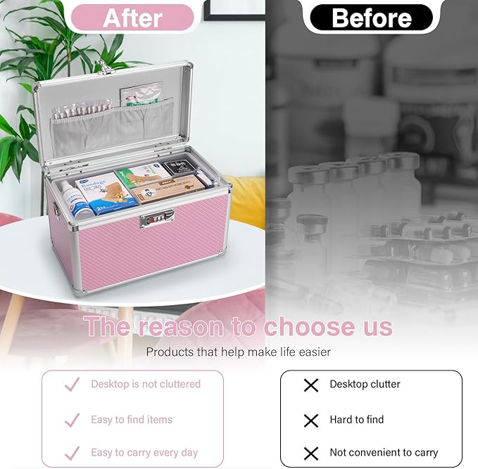 Medicine Lock Box with Combination Lock - 10 x 6 x 6.7 Inches - First Aid Safe Medication Storage Box, Personal Items Safe Case for Home and Outdoor - Pink 【No Strap】