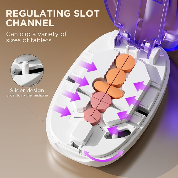 Pill Cutter Splitter for Small and Tiny Pills, 1/2 1/4 Pill Splitter for Small Pills,Tablets in Half or Quarters, Accurate and Easy Cutting, Stainless Steel Blade, Back Storage (Purple)