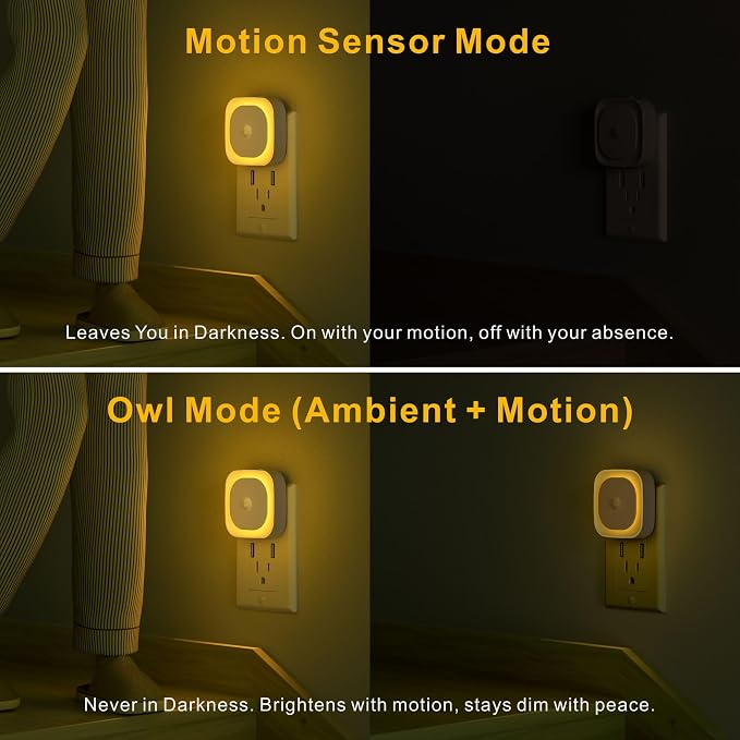 YUNLEX 2 Pack Plug in Night Light with Motion Sensor & Dusk to Dawn Sensor, 3 Sensor Modes, Auto ON/Off, Dimmable, Soft Glow for Living Room, Hallway, Stairs, Bathroom, Golden Yellow