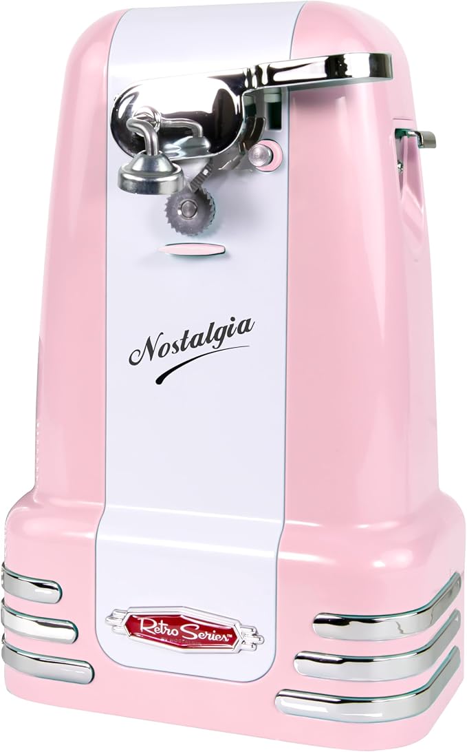 Nostalgia Retro Electric Can Opener for Kitchen with Magnetic Lid Remover, Knife Sharpener, and Soda or Beer Bottle Opener, Pink