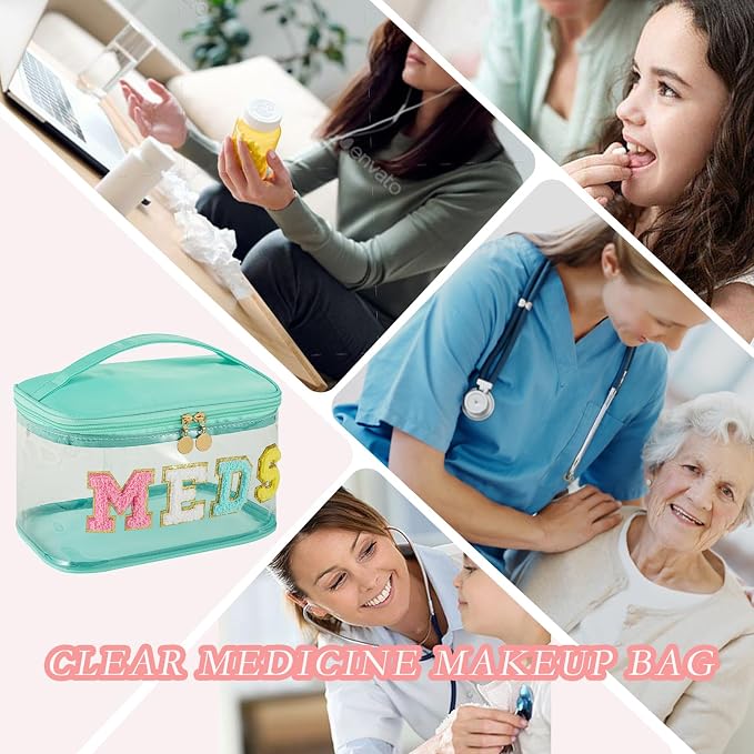 Personalized Chenille Letter Clear Medicine Makeup Bag, Large Waterproof Nylon Cosmetic Toiletry Storage bag with Top Handle, Transparent Meds First Aid Travel Organizer Cosmetic Bag(12Green-Meds)