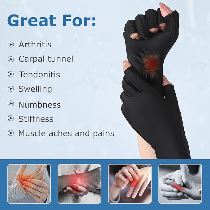 NURCOM Compression Arthritis Gloves, Carpal Tunnel, Tendinitis, Tendonitis, Single Glove for Left & Right Hand, Open Finger Black Medium