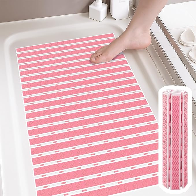 Non Slip Rubber Bathtub & Shower Mat - Fast Drain & Upright Drying Design, Strong Suction Cups, Structured Textured Surface, Low-Maintenance Bathroom Safety Mat, 27 x 16 Inch, Pink, Matace