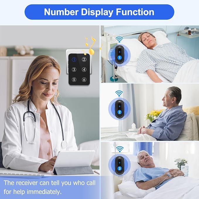 Wireless Caregiver Pager Call Button Nurse Call System 500Ft Range with LED Number Display for Elderly/Patient/Disabled at Home/Hospital/Clinic(6 Waterproof Call Button & 2 Receiver)