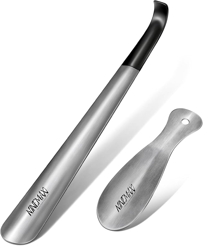NINEMAX Shoe Horn Long Handle for Seniors Men Women, Metal Long Shoehorn Boot Horn 16.5'', Travel Small Stainless Steel Shoe Spoon Helper for Kids 7.5''