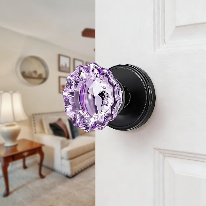 Purple Glass Dummy Door Knobs, Crystal Door Knob Single Side | Non-Turning Matte Black Interior Door Knobs for Hall, Closet, Pantry-2 Pack