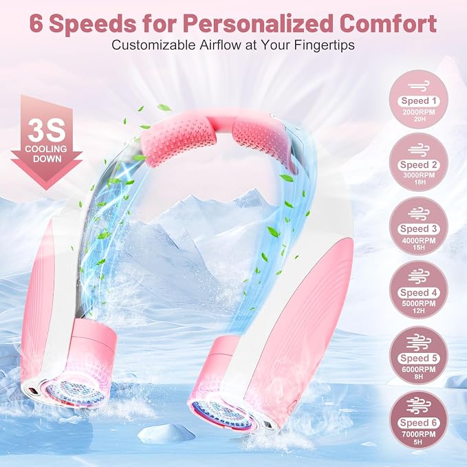 Portable Neck Fan with 6 Powerful Speeds, 8000mAh Battery Rechargeable Fan | 20H Runtime, Hands-Free 360° Cooling Personal Wearable Neck Fan, Gift for Women Travel Concerts(Pink)