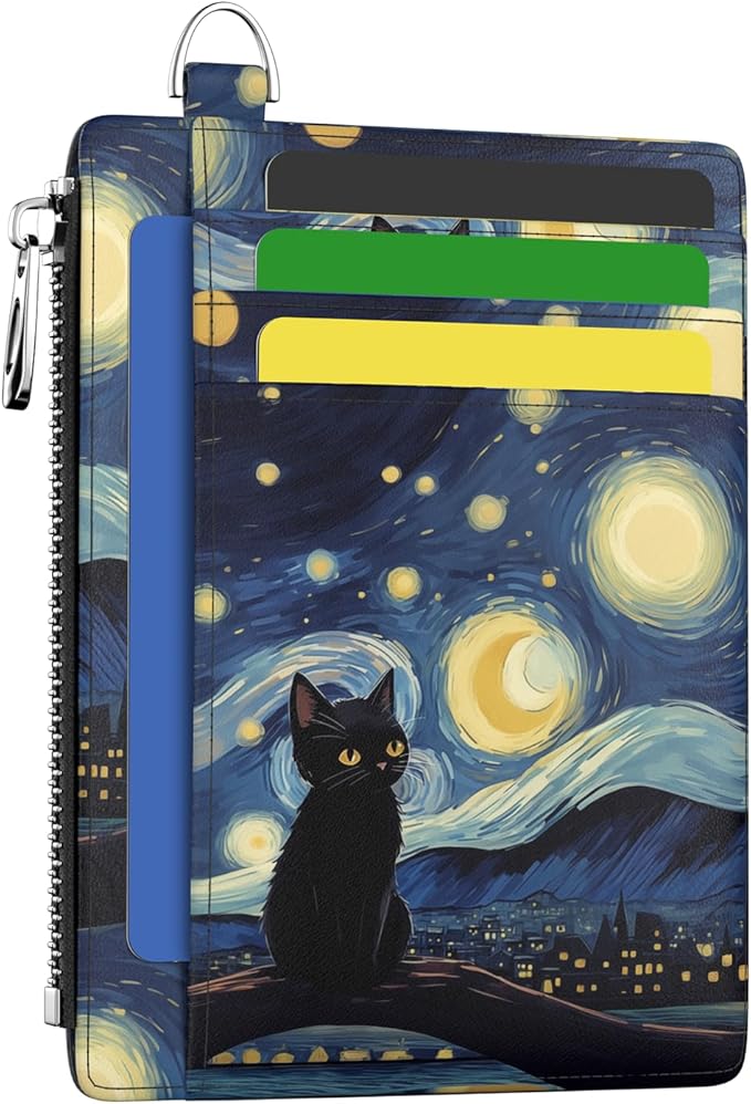 Hancynir Black Cat Slim Wallet Women Credit Card Holder, RFID Small Cute | Zipper Pocket Wallet, Thin Travel Coin Purse, Ladies Women Gifts, Minimalist Card Case, 6 Card Slots, ID Window, PU Leather