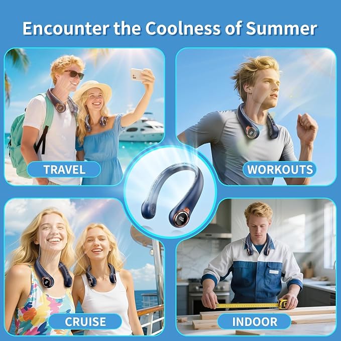 Portable Neck Fan with 6000mAh USB - Rechargeable Battery, Ultra-Light Bladeless Neck Fan LED Display, 360° Cooling Wearable Fan, 3 Speeds,Fireplace Fans -Blue