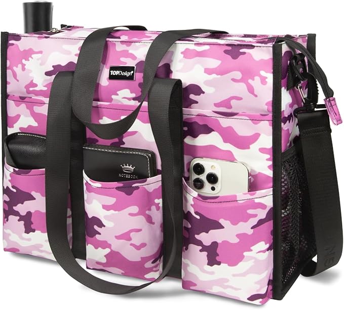 TOPDesign Utility Water Resistant Tote Bag with 22 Pockets, Top Zipper Closure & Thick Bottom Support, for Working Women