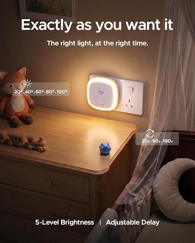 YELKO Motion Sensor Night Light, 5-Level Dimmable with Dusk to Dawn Sensor, Plug in Warm White Anti-Glare LED, Cozy Soft Glow, Adjustable Delay Time for Bathroom, Hallway, Kitchen, Stairs, 2 Pack