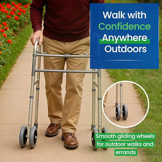 Bariatric Heavy-Duty Folding Walker with Wheels for Seniors, Adults, Extra Wide Front Wheel Walker (2 5-Inch Wheels), and Free 2 Pairs of Rear Glides Heavy Duty Sizes. Sized for Adults up to 450 lbs