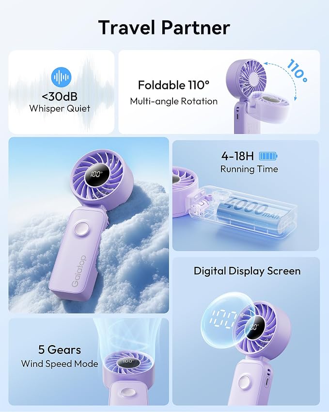 Gaiatop Portable Handheld Fan, 5 Speed Rechargeable Battery Max 18 Working Hours, 3 IN 1 Neck/Desk/Hand Fan Cooling for Travel, Beach, Women/Men Outdoor Activities Gifts - Purple
