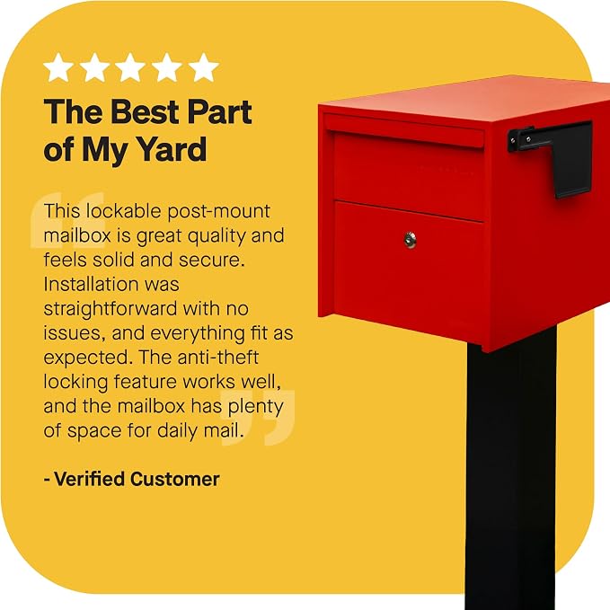 Adoorn Lockable Post Mount Mailboxes for Outside - Small Anti-Theft Locking Mailbox for Packages and Letters - Weatherproof Construction - Durable Steel - 12" H x 12" W x 18.5" D - Red